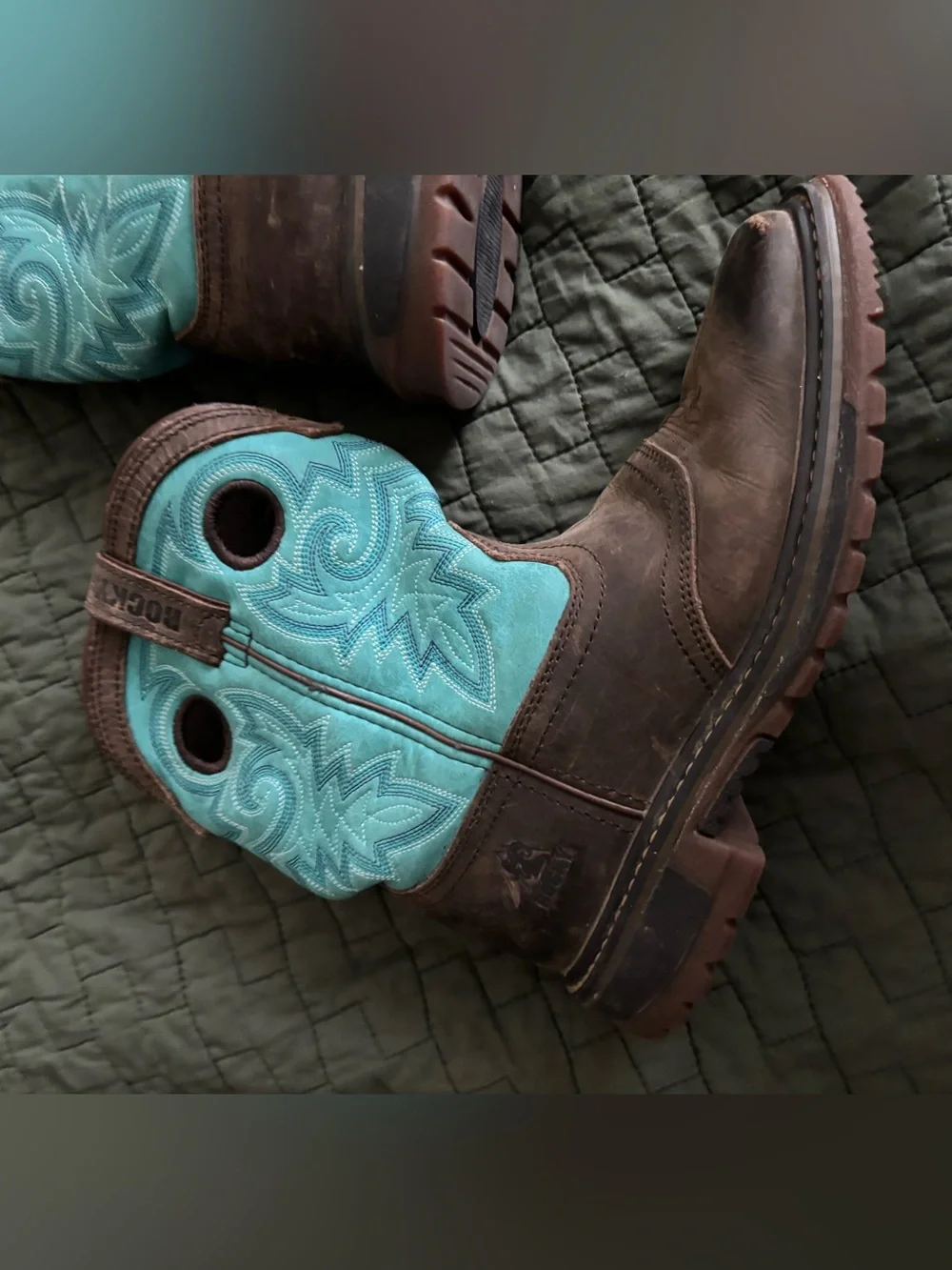 Rocky Brown and Turquoise Kids Pull-On Western Boots